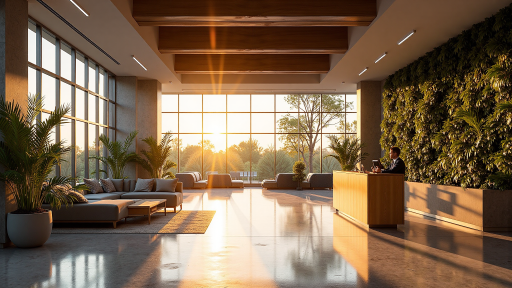 公司办公楼外景，现代化建筑，绿色植被环绕，阳光明媚的白天